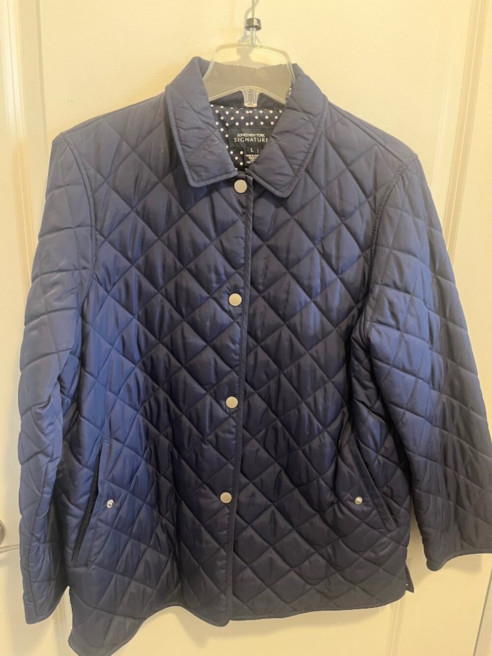 Jones New York Signature Navy Quilted Snap Jacket Polka Dot Lining Size L